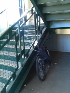 Bike Locked Up Under the Halethorpe MARC Station Stairs